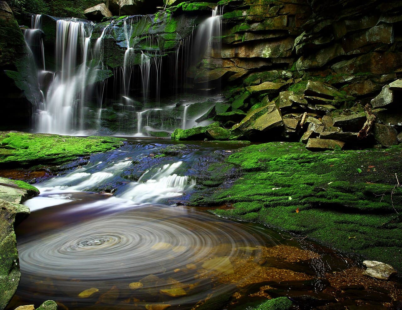 A waterfall swirling into a pool over mossy rocks in a forest