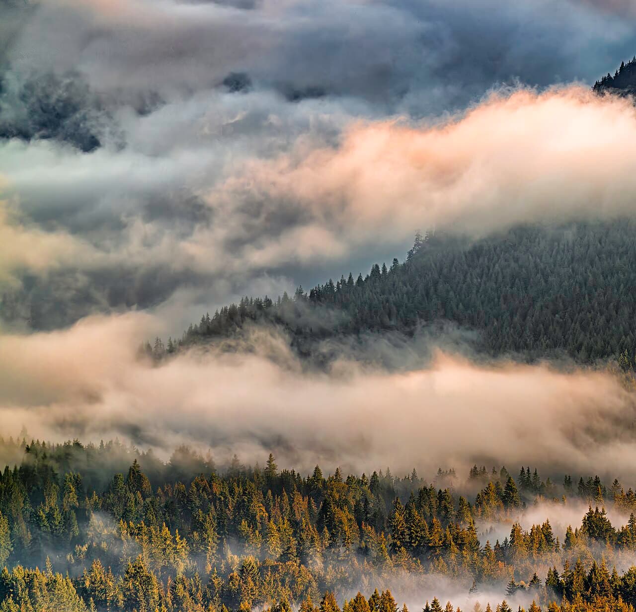 Low clouds and mist settling over a mountain valley in the morning